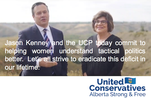 HandmaidAlberta's tweet photo. An important message to Albertans from Jason Kenney and the UCP on International Women's Day. #Ableg #Abpoli #InternationalWomensDay #IWD2019 #ObviouslyFake https://t.co/ZD4BzYfFMr