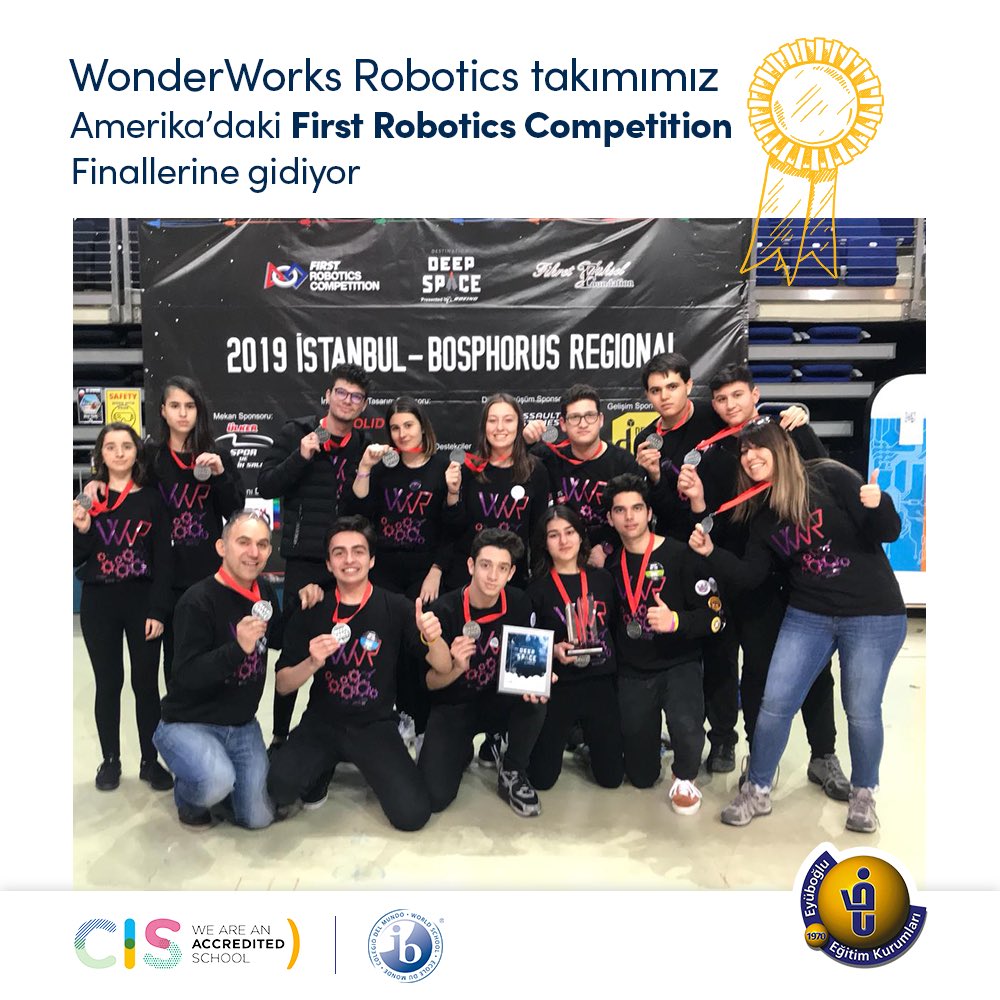 WonderWorks Robotics takımımız, 2019 First Robotics Competition Bosphorus Regional'da üç gün süren zorlu mücadelelerin ardından finalist ödülü alarak Houston’da gerçekleşecek Dünya Şampiyonası'na katılmaya hak kazanmıştır. 
#EğitimEyüboğlu #FRC #FRCTurkey