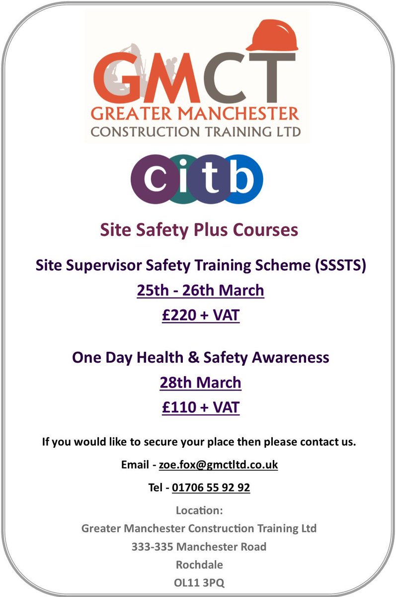 GmctLtd's tweet photo. We still have places available on our Site Safety Plus courses. Contact us today to book your place. 
#SSP #CITB #SSSTS #HSA #Training #NorthWest https://t.co/Nv8MtQxvcW