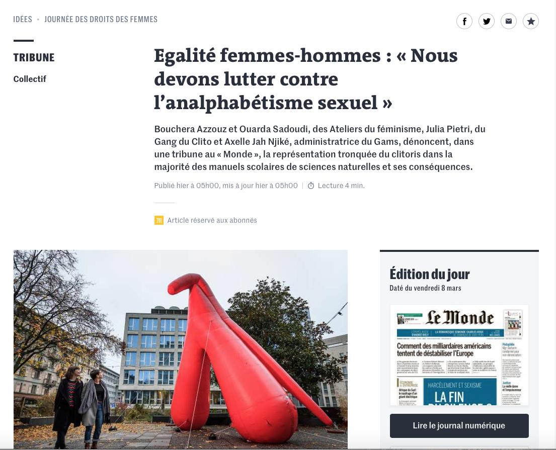MeMySexeAndI's tweet image. TRIBUNE 
#8Mars #JourneeDesDroitsDesFemmes #ItsNotABretzel
« Le sexe de la femme n’est ni tabou ni honteux »
lemonde.fr/idees/article/…
