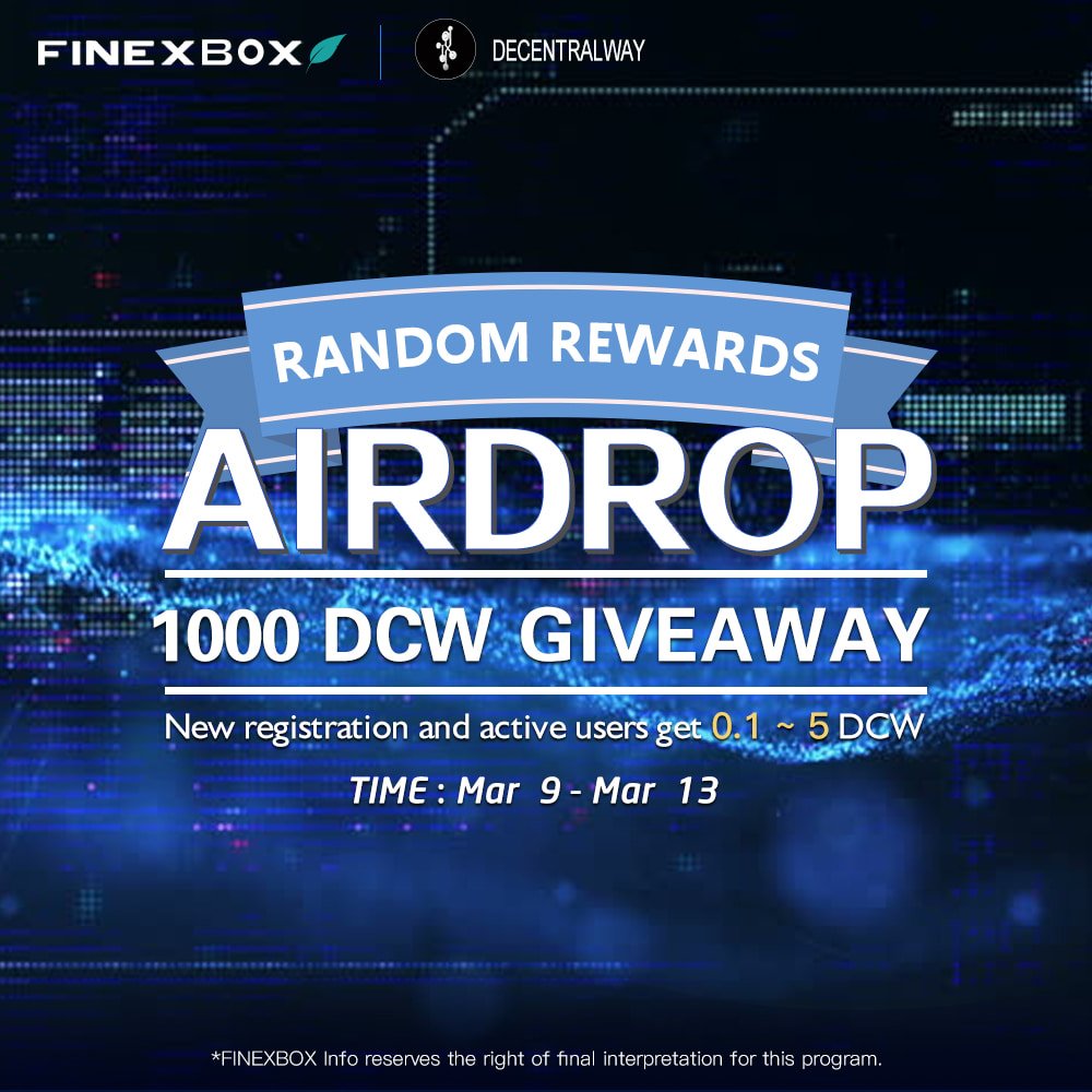 finexbox's tweet photo. #Decentralway(#DCW) Airdrop/Giveaway Available to each new registration and active users
Runs Mar 9 - Mar 13 2019
Good luck in the forthcoming trades. @decentral_way 
#finexbox #likefollowback #Airdrop #Dogecoin  #FollowBack #Follow2Gain #взаимный #фолловинг #FOLLOWHELP #1FIRST💦 https://t.co/WPNC0zizLA