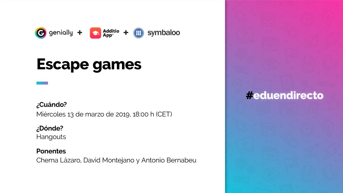 El miércoles 13 ,gracias a <a href="/AdditioApp/">Additio App</a> <a href="/genially_es/">Genially (Español)</a> y <a href="/SymbalooEDU/">SymbalooEDU</a> y junto a mis compañeros  <a href="/daviduvimb/">David Montejano Bravo</a> <a href="/lepetitpan/">Chema Lázaro</a> charlaremos online sobre #escapegames educativos #breakoutEDU ,¿te animas? youtu.be/2E5htjR5Tk4  <a href="/aaronasenciofer/">Aaron Asencio (💙,🧡)</a> <a href="/flipped_primary/">Flipped Primary APP</a> <a href="/fernando_marti7/">Fernando Martí</a> <a href="/eneko_fc/">Iñaki FC</a>