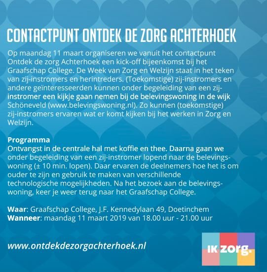 11 maart a.s. organiseert het Contactpunt Ontdek de Zorg een info-avond. Wil jij de overstap maken? Laat je informeren én bezoek een belevingswoning om in de beleefwereld van ouderen te stappen.  Ook wij zijn hierbij aanwezig.⁣
#ikzorg #ontdekdezorg #weekvanzorgenwelzijn