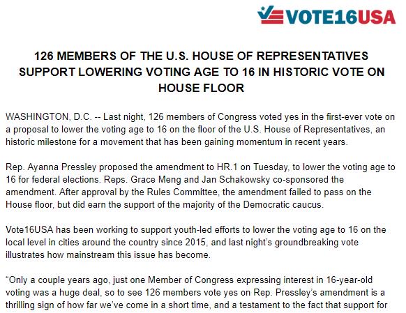 Vote16USA's tweet photo. PRESS RELEASE: 126 MEMBERS OF THE U.S. HOUSE OF REPRESENTATIVES
SUPPORT LOWERING VOTING AGE TO 16 IN HISTORIC VOTE ON
HOUSE FLOOR https://t.co/7n8cv13IxI https://t.co/fX8RyFiJyU