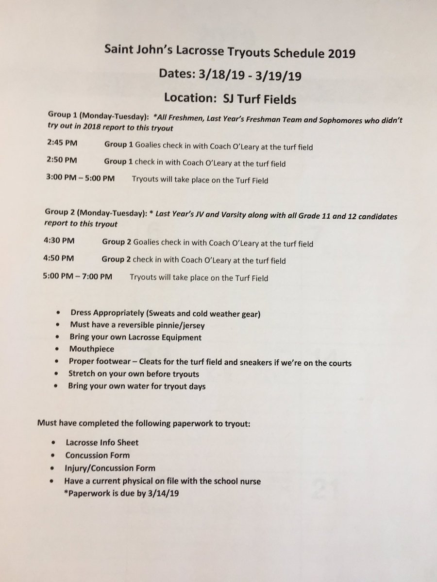 Lacrosse 🥍 Tryouts Schedule 2019.  Also will be available on the team’s web page