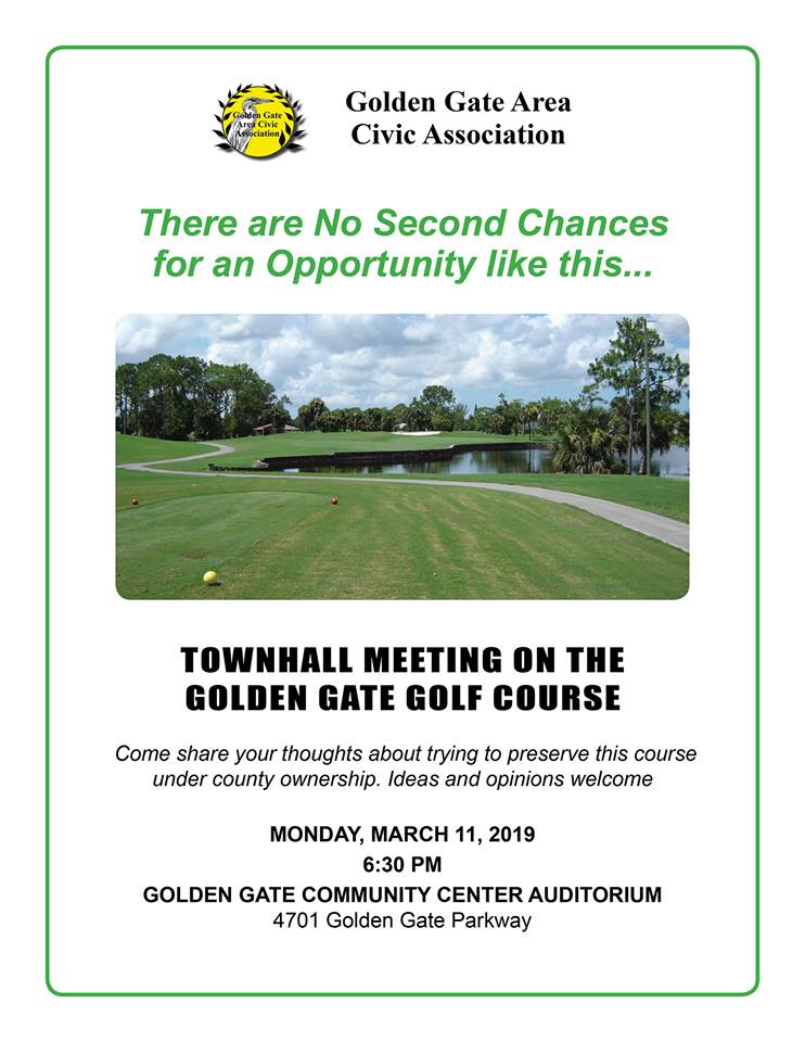 Please join The First Tee of Naples/Collier and the Golden Gate Community on Monday, March 11th at 6:30pm as we attend the Golden Gate Area Association Civic Association for its Townhall Meeting on the Golden Gate Golf Course. We need everyone to come lend their voice of support.