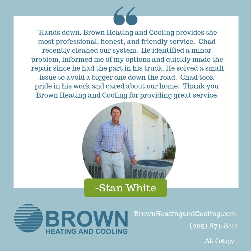 BrownHeatCoolAL's tweet photo. He recognizes a winning team!  Thank you Stan White for your kind words.  We are grateful for all of our customers. Call today if you need your heating and air checked or are interested in learning more about indoor air quality for your home.
 205-871-8111
#WinningTeam https://t.co/MFlnAoRKpC