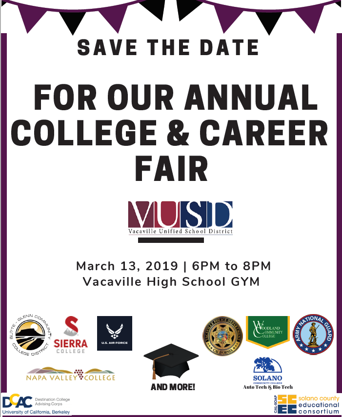 SCECAdvisers's tweet photo. Come join the Community College &amp; Career Fair on March 13th! Community college reps, the U.S. Air Force, Vacaville PD &amp; the Army National Guard will be tabling! Staff will also help Seniors apply to Solano Community College. @SolanoCountyRPC @ArmijoHigh @ArmijoSignal https://t.co/joz28vfHNA