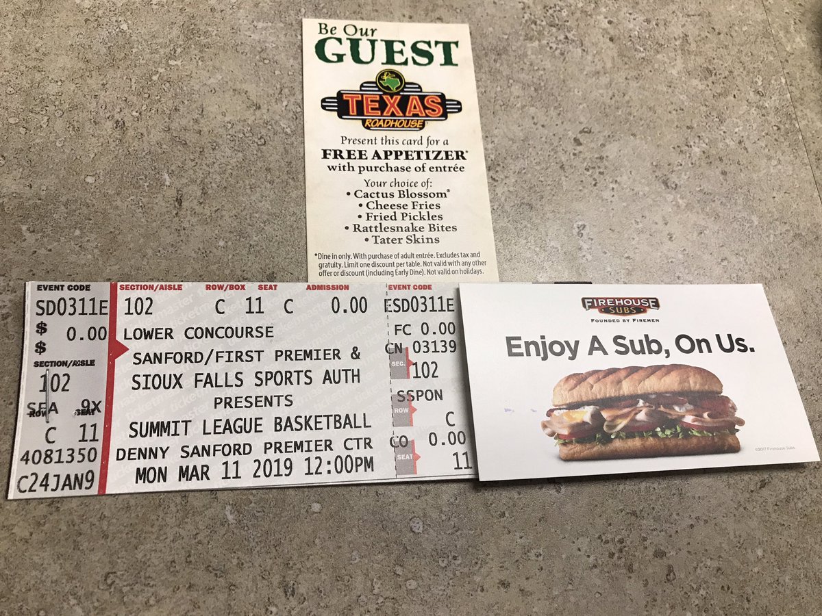 ESPNSiouxFalls's tweet photo. Let’s call this the “skip work on Monday” prize pack! 2 tix to Monday’s 12:00 Summit League session, a free sub at Firehouse Subs, and free appetizer at Texas Roadhouse!

RT to be entered to win. We will draw a winner later today (3/8/19). Must be able to pick up at our studios. https://t.co/M4df9Gt2Er