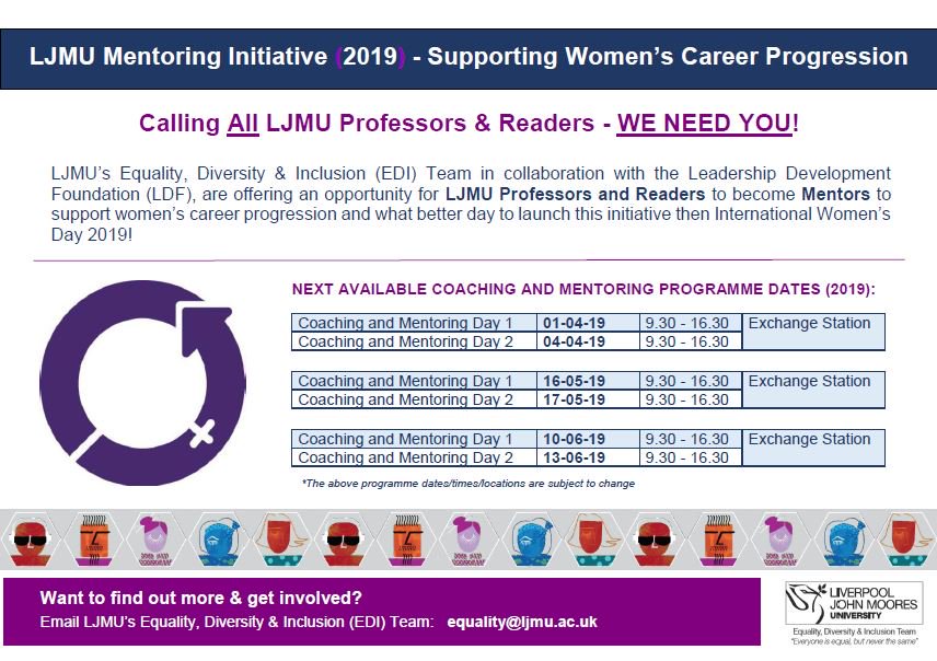 Calling All LJMU Professors &amp; Readers - WE NEED YOU! In response to #InternationalWomensDay2019 LJMU's <a href="/LJMUEquality/">LJMUEquality</a> &amp; @LJMULDF Teams, have launched the LJMU Mentoring Initiative to support women’s career progression! To Get Involved Email: equality@ljmu.ac.uk #BalanceforBetter