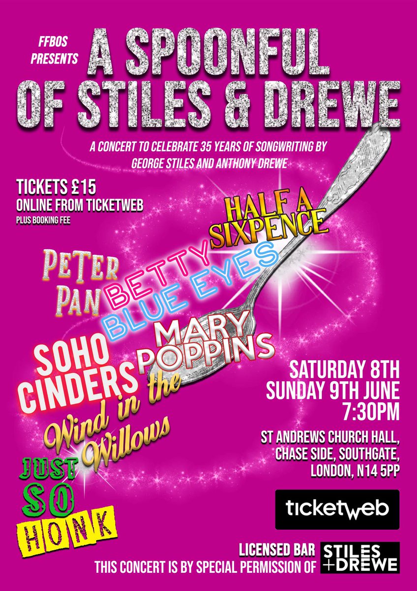 FFBOS's tweet image. The box office for 'A SPOONFUL OF STILES &amp;amp; DREWE' is now open!

By special permission to celebrate 35 years of songwriting of @StilesandDrewe 

8th - 9th June 2019 @ St Andrews Church Theatre, Southgate.

Book your tickets here 👉 bit.ly/2EJOfrS #stilesanddrewe