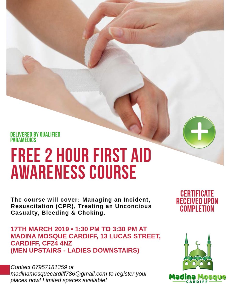 We are going to hold a First Aid Awareness Course on Sunday 17th March 2019 between 1:30pm - 3:30pm.

Men and Ladies instructors are seperate with men upstairs and ladies downstairs.

Register your places now!

#firstaid #communityawareness #cardiff <a href="/stjohnambulance/">St John Ambulance England</a>