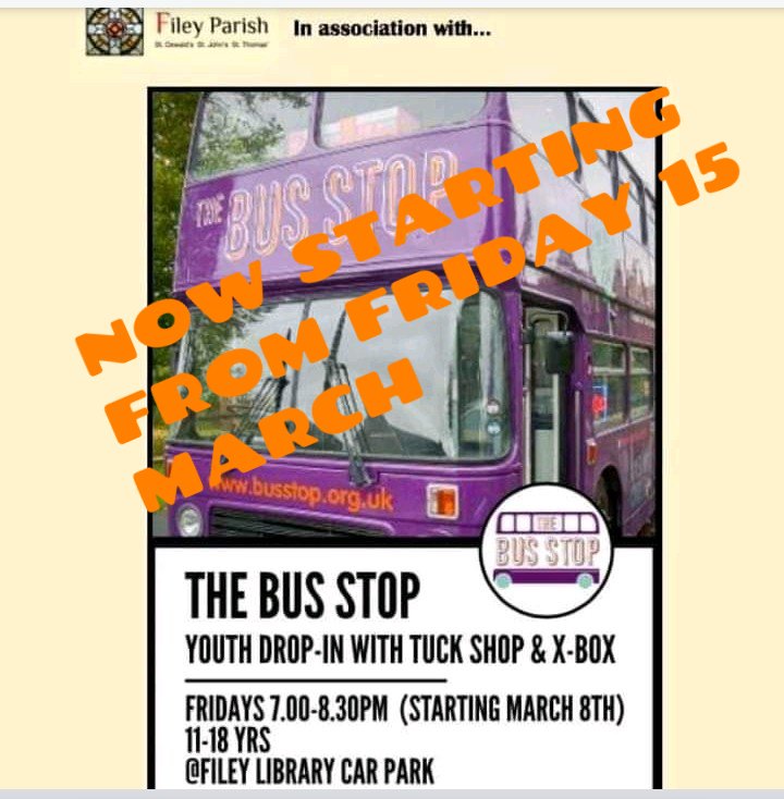 FileyLibrary's tweet photo. The Bus Stop youth drop - in will be @FileyLibrary car park from Friday 15 MARCH. For 11-18 year olds, 7-8.30 pm. #FileyLibrary #Filey #FileyParish https://t.co/51VyqzqoVY