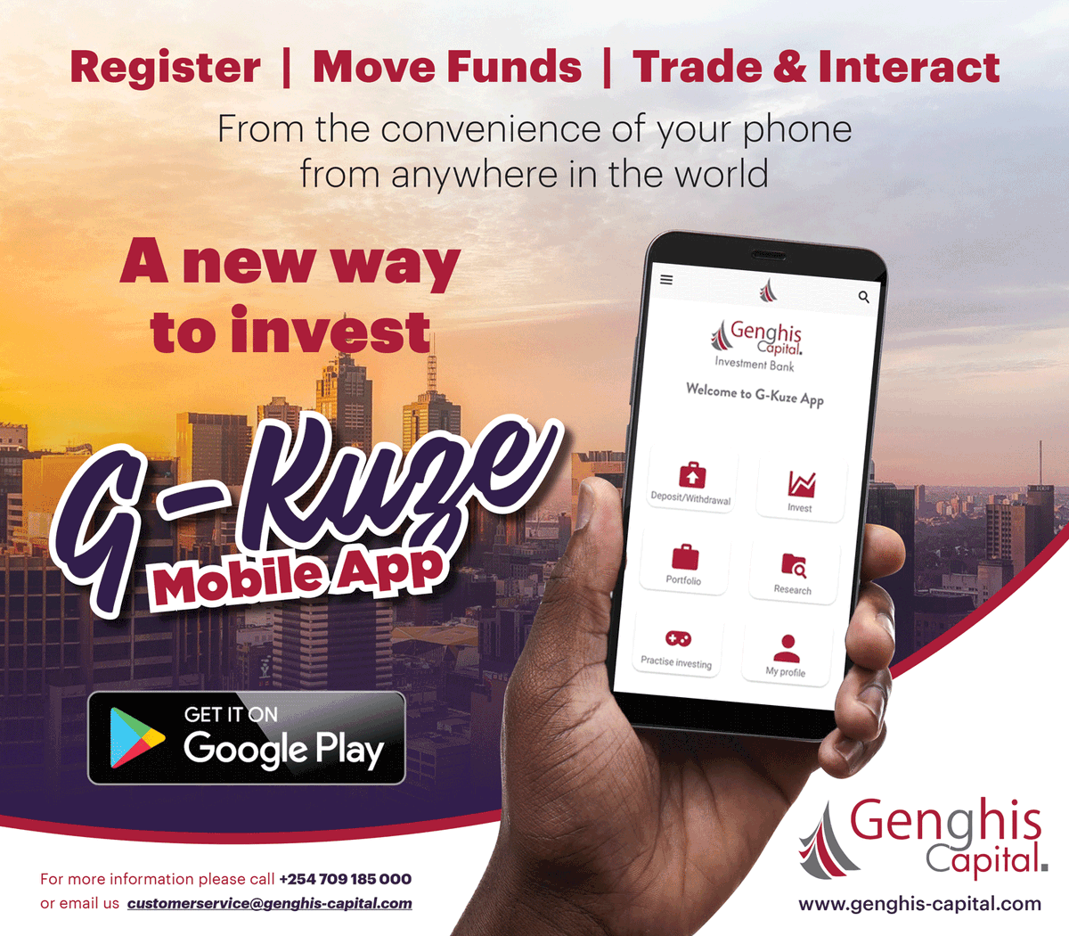 genghiscapital's tweet photo. From anywhere in the world, at any time, and for amounts starting KES 500, empower yourself. Invest in stocks listed @NSE_PLC and Genghis Unit Trust Fund using the G-Kuze mobile App. 

It's the new way to invest!

Contacts:
0709 185 000 | info@genghis-capital.com 
#GrowWithUs https://t.co/HODMOtbQZV