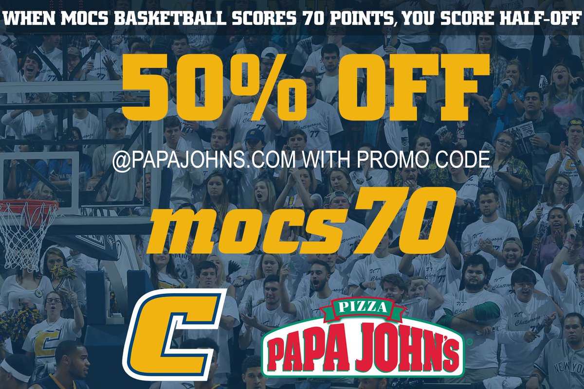 GoMocs's tweet photo. Your @GoMocsWBK scored 72 points last night! When the Mocs score 70 or more points, You score half off pizza! Today take 50% off your order at Papa John's! Visit https://t.co/f7P64sHMXA and use promo code: mocs70 #halfoffpizza #GoMocs https://t.co/NCwHW0yVR8