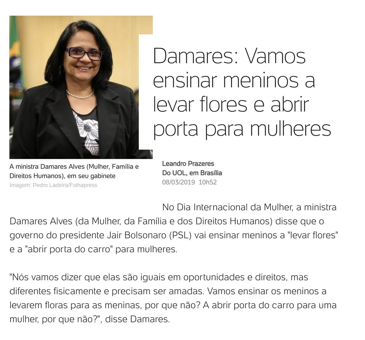 Damares quer ensinar meninos a 'levar flores e abrir a porta' para meninas