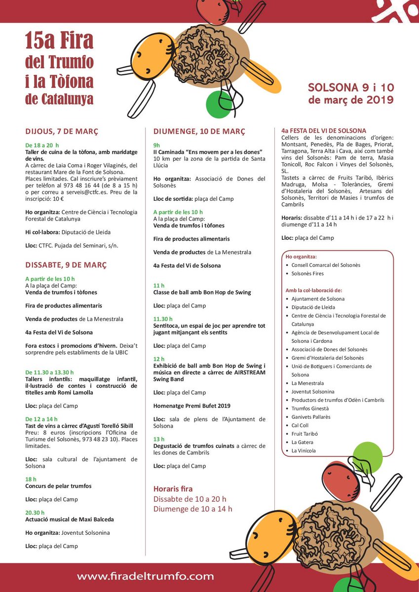 Aquest cap de setmana #Solsona t'espera per gaudir de la 15a Fira del #Tromfó i la #Tòfona i el vi com a protagonistes! 🥔🍷
Més informació 👉 firadesolsona.com 
<a href="/solsonaturisme/">Solsona Turisme</a> <a href="/aralleida/">Ara Lleida</a> <a href="/SomGastronomia/">Som Gastronomia</a>