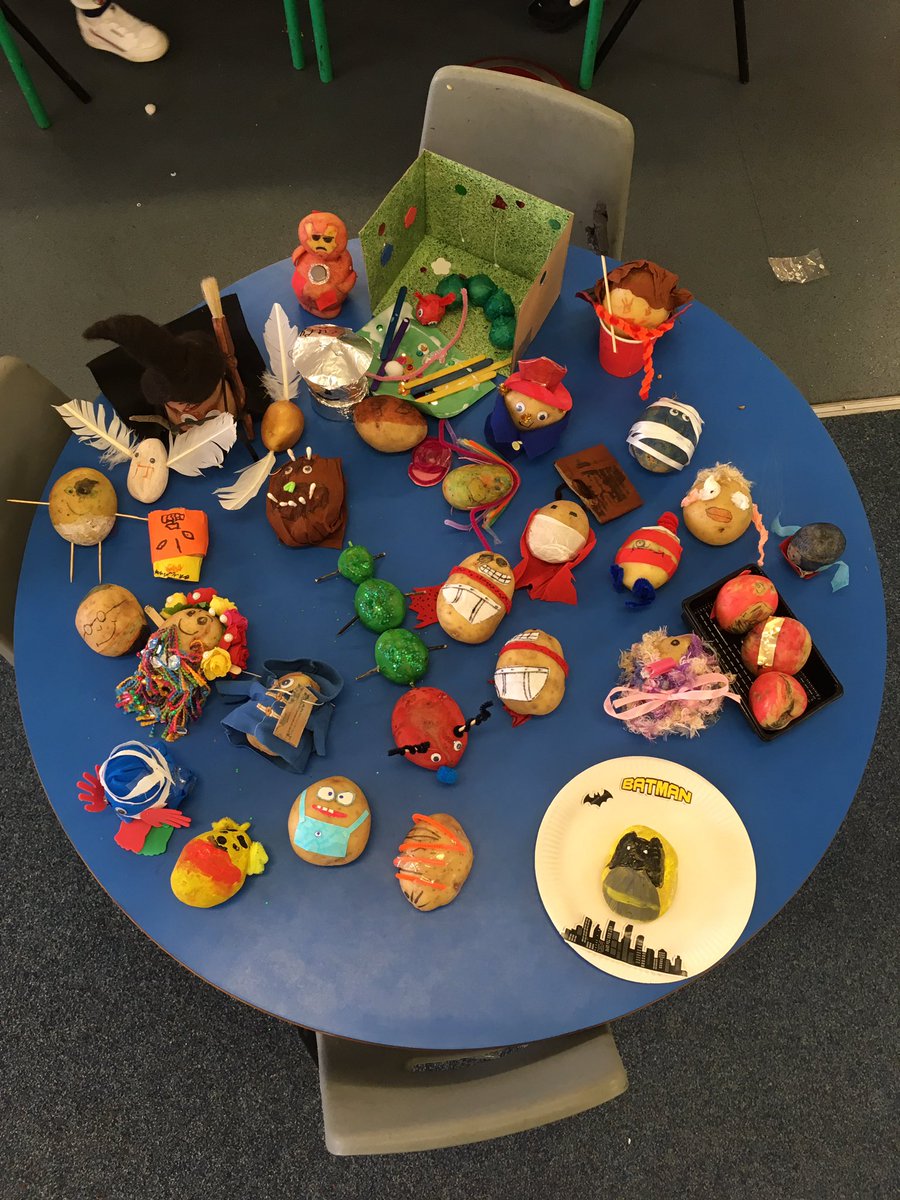 hannahkirk84's tweet photo. Look at our super book characters made from potatoes. Thank you for all the helpers today. We had a great morning. #eyfs #WorldBookDayUK https://t.co/uShQJ3H92t