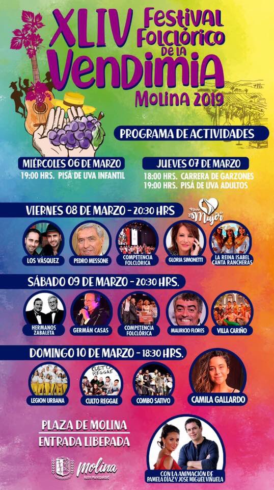 ¡Todos invitados al XLIV Festival Folclórico de la Vendimia #Molina2019! Desde HOY hasta este domingo 10 de marzo estaremos en la Plaza de Armas de Molina con lo mejor de nuestros vinos de la #RutadelVinoCuricó. ¡Los Esperamos! 

—> Aquí la entretenida parrilla de artistas! 😃🍷