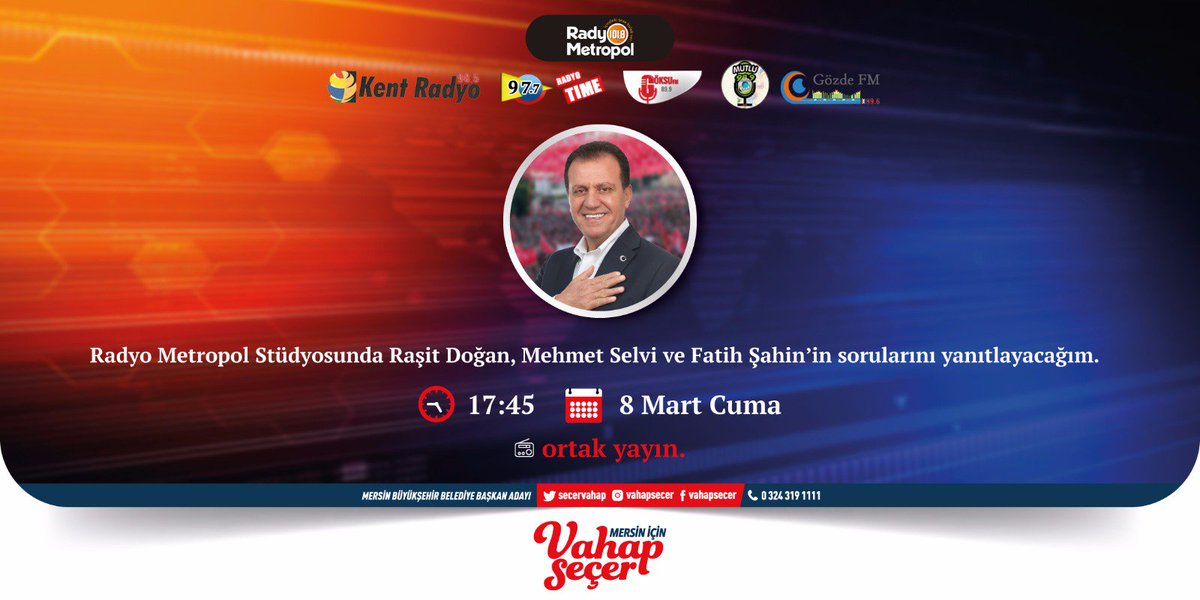 VahapSecer's tweet photo. 📢📢Gazeteciler Raşit Doğan, Mehmet Selvi ve Fatih Şahin soracak; ben yanıtlayacağım. #KentRadyo, #RadyoTime, #GöksuFM, #MutluFM, #GözdeFM, #RadyoMetropol ortak yayınında gerçekleştireceğimiz keyifli sohbete davetlisiniz. Kulağınız radyonuzda olsun.📻📻🎶🎶 https://t.co/ike6TmpcwL