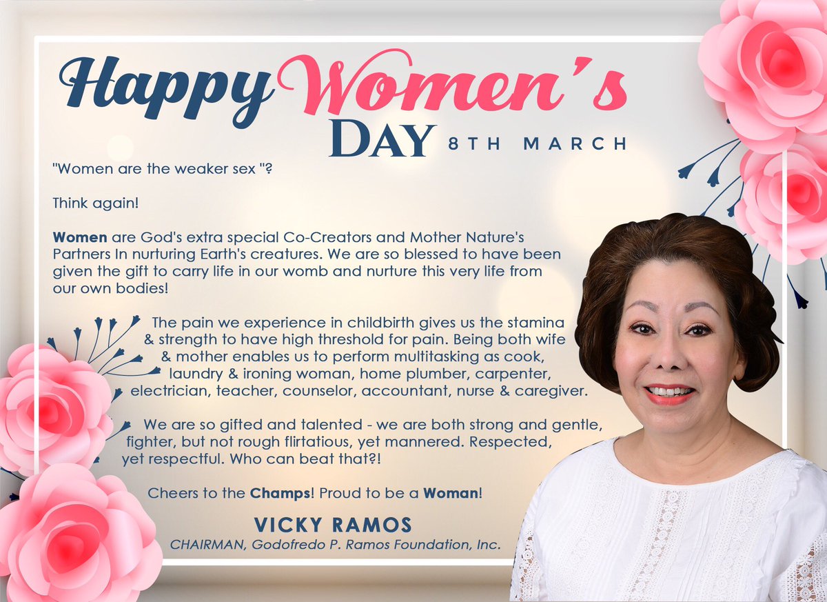 vickyramos03's tweet photo. Happy Women's Day to all the women out there!

#WomenMakeChange
#InternationalWomensMonth

--------------------
RAMOS: Padayon ro Serbisyo sa Publiko!
Kung ano ro PUNO padayunon it BUNGA.

#AklanIyongMahalin https://t.co/0ovg2E6mzG