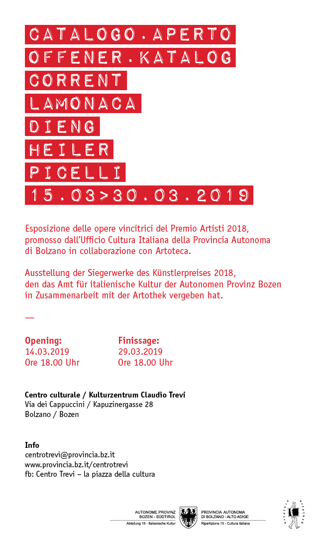 atelierlamonaca's tweet photo. Catalogo . Aperto / Offener . Katalog -  
Corrent, Lamonaca, Dieng, Heiler, Picelli - 
Opening: 14.03.2019 Ore 18:00 Uhr - 
Centro Culturale / Kulturzentrum Claudio Trevi - 
Bolzano / Bozen -
Einladung - Invito - https://t.co/fZxCQHrNa6 - Invito - https://t.co/uA9H75k5O9 https://t.co/mjzyle4gBU