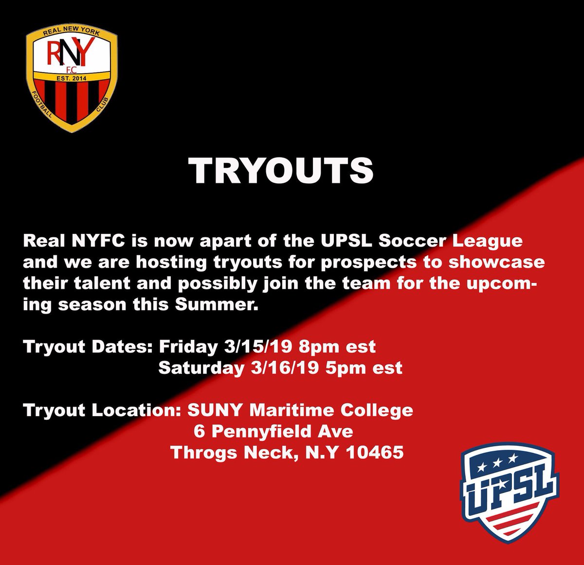 RealNYFC is now part of the <a href="/UPSLsoccer/">UPSL</a> league and we are hosting tryouts for the upcoming season this summer!! Come join us! Details below! #realnyfc #upslsoccer #soccertryouts #nyc #newyorkcity #semiprosoccer