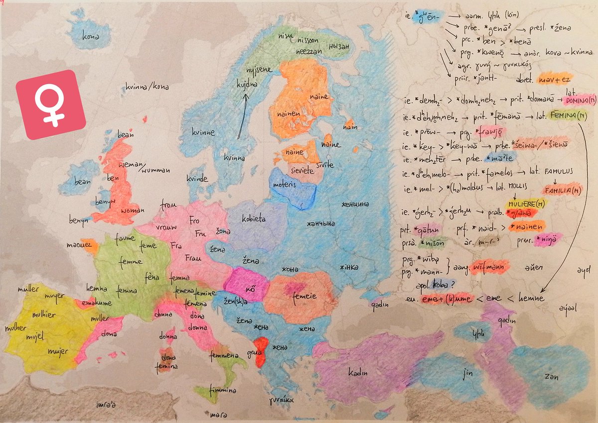 Un mapa dels que feia fins l'any passat.

Curiositat. El reflex anglès de 'dona' en indoeuropeu (*gʷen- > gʷēns > *kwēniz > cwēn) ha passat a designar 'reina': «queen». El reflex turc (i àzeri) de 'reina' en prototúrquic (*qātun) ha passat a designar 'dona': «kadın» (i «qadın»).