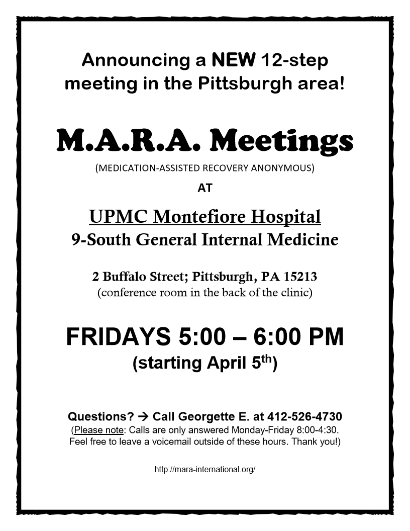 mynameisrachel's tweet image. New Medication Assisted Recovery Anonymous (MARA) meeting in Pittsburgh. Please retweet and spread the word! #MARA #MedicationAssistedRecoveryAnonymous #TwelveStep #Recovery #Addiction #SelfHelpGroups #MutualSupportGroups