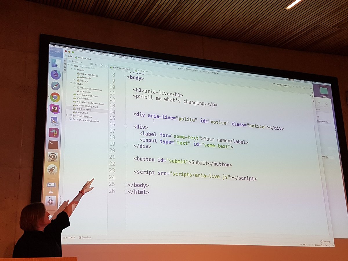 .<a href="/RianRietveld/">Rian</a> on using ARIA attributes for better accessibility.

Don't use ARIA to fix incorrect HTML, write semantic markup instead.

Use ARIA to give the user feedback about what's happening on the page.

Can WordPress speak? Yes! foxland.fi/wordpress-spea…

#WCNordic