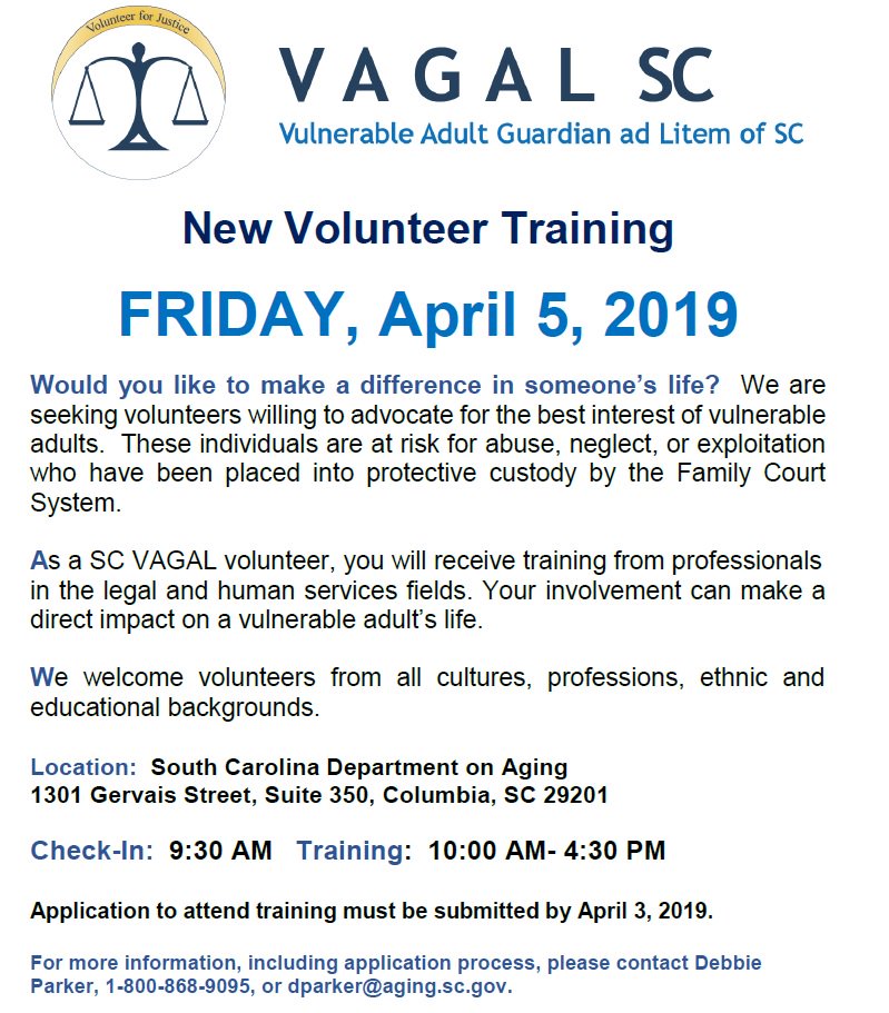 AgingSC's tweet image. The SC Vulnerable Adult Guardian ad Litem Program trains volunteers to serve as guardians ad litem for certain vulnerable adults. View the flyer below to learn more about an upcoming training opportunity in Columbia on April 5 and how you can volunteer to help.