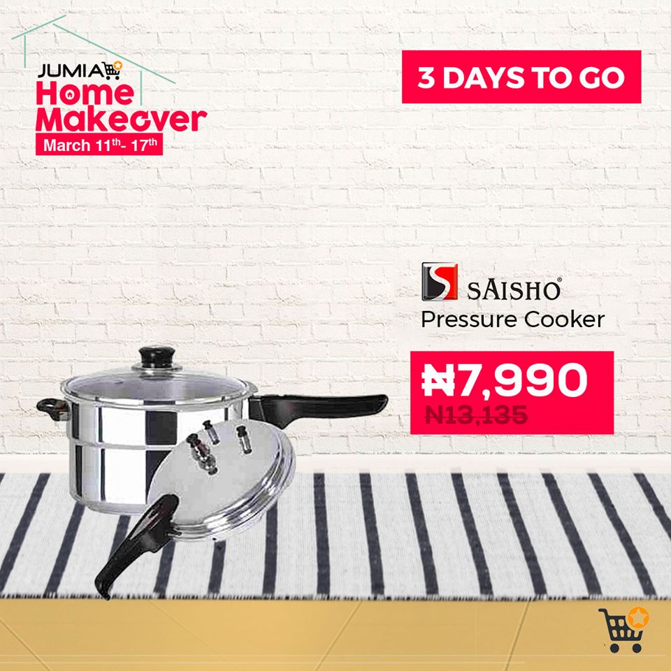 JumiaNigeria's tweet photo. Don't miss your chance to shop the Saisho 11-Litre Pressure Cooker for just ₦7,990. Sale starts on MONDAY 11th of March https://t.co/7bHggn1VFD
#StepUpUrHome https://t.co/jRI2HRK2bP