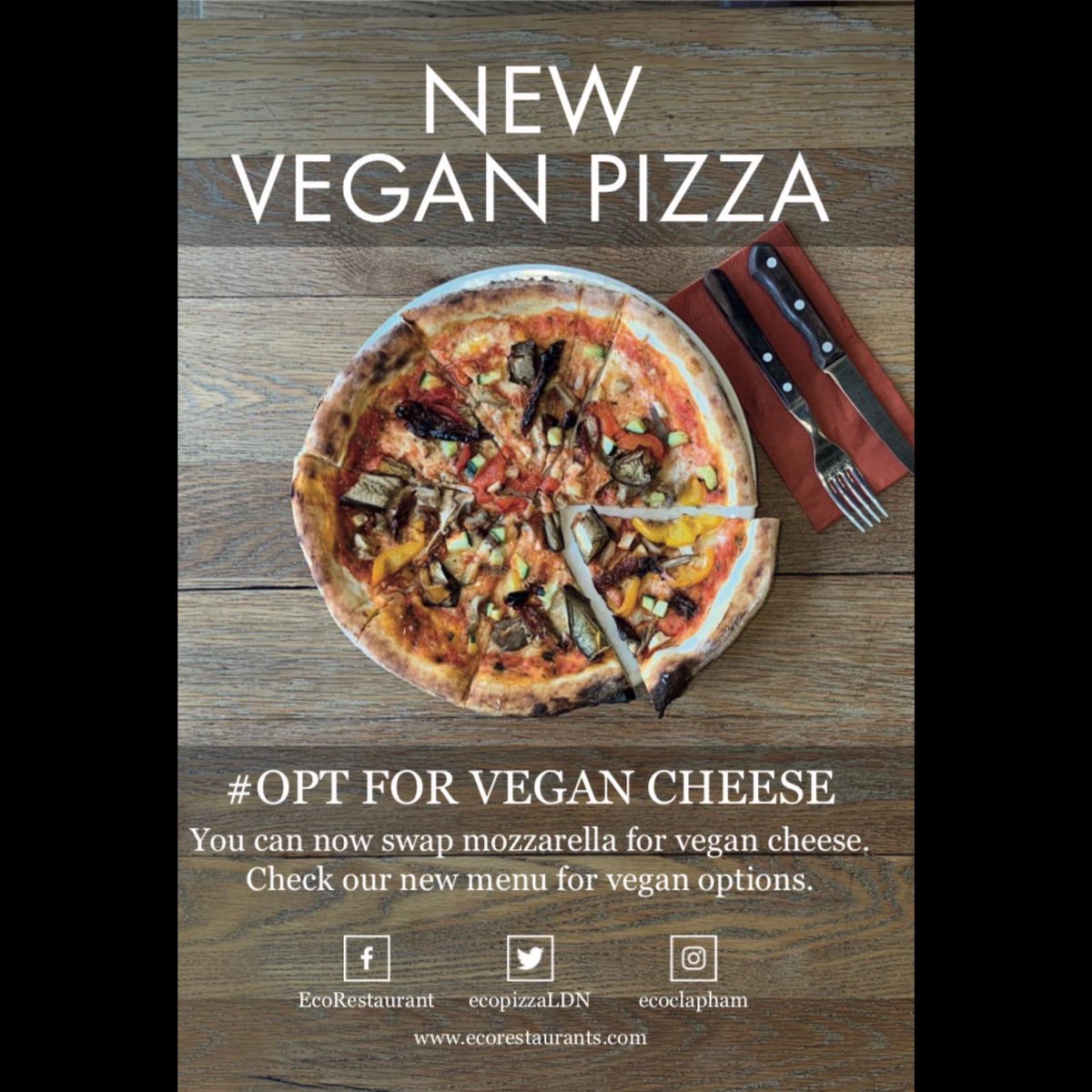 ecopizzaLDN's tweet photo. NEW VEGAN PIZZA 🍕 #opt for vegan cheese. You can now swap mozzarella for vegan cheese. 🧀 
#ecovegan #vegan  #veganfood  #vegancheese #vegansociety #veganisthefuture #veganlifestyle #veganblogger #veganfoodshare #veganprotein #veganvibes #ecoclapham https://t.co/nXgwNrvVl3