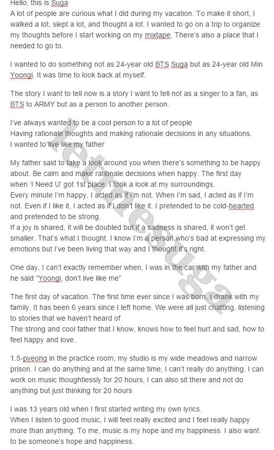 sceneryfortae's tweet photo. in case you never saw it, this was the day when Yoongi opened up to us, not as BTS Suga to his fans but as Min Yoongi, a person to a person. He shared his deepest thoughts &amp; emotions, take a moment to read this letter and look how wonderful Yoongi is @BTS_twt #OurFirstLoveYoongi https://t.co/nPtklfICKs