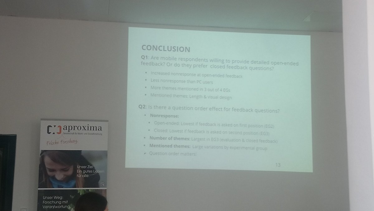 Katharina Meitinger mit einer interessanten Forschung zu Feedback-Fragen. Ihre Empfehlung: Zuerst geschlossene Evaluierungsfrage, dann offene Feedbackfrage. #GOR19
