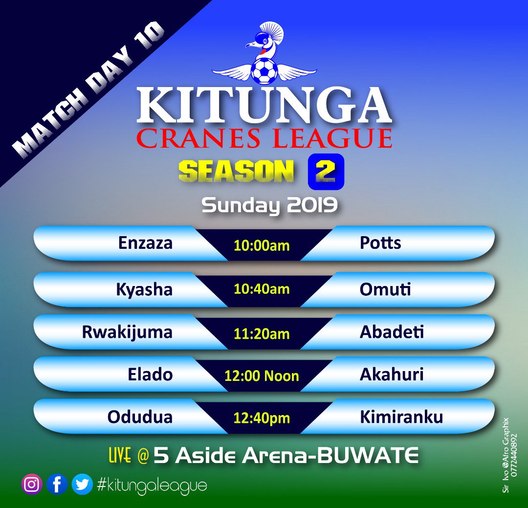You are about to experience season 2's finest mouth watering soccer action come this Sunday at @5AsideBuwate. All #TeamUpdates are positive. 

#MatchDay10Fever #KitungaLeague