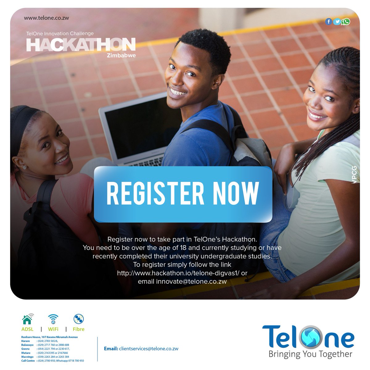 TelOneZW's tweet photo. To take part in the Hackathon, you need to be over the age of 18 &amp; currently studying or have recently completed your university undergraduate studies. To register follow the link https://t.co/xEiD8YU60A or email innovate@telone.co.zw for further information #TelOneHackathon https://t.co/0vIx20xkAz