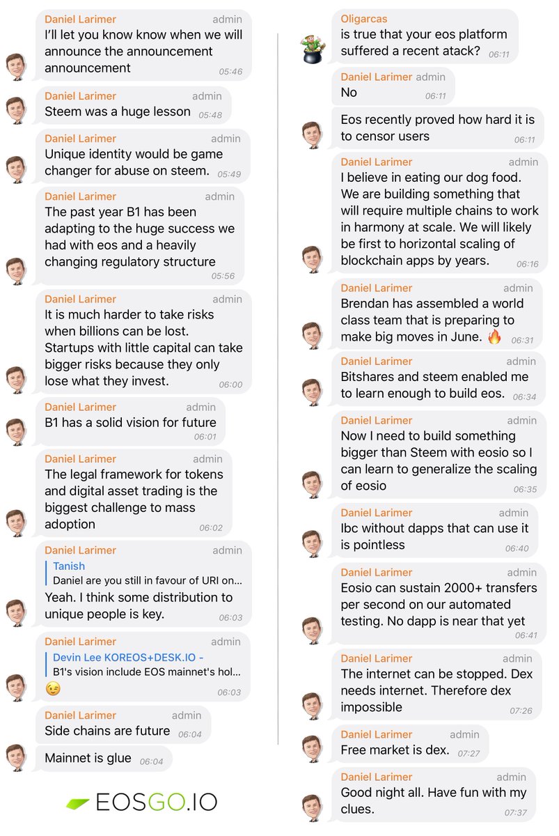 Dan's hottest messages of the day. 
"Bitshares and steem enabled me to learn enough to build eos. Now I need to build something bigger than Steem with eosio so I can learn to generalize the scaling of eosio." 
<a href="/bytemaster7/">Daniel Larimer</a> <a href="/BrendanBlumer/">Brendan Blumer</a> @block_one_