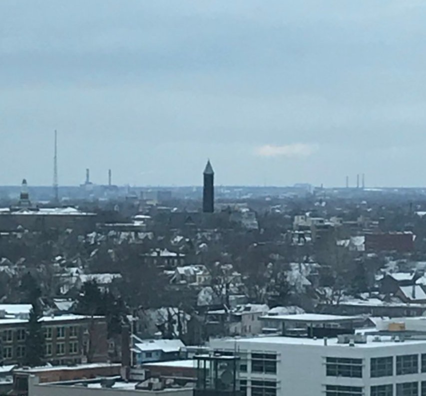 1stChurchBflo's tweet photo. Our tower viewed from the 7th floor of the @Hyatt in downtown #Buffalo. A landmark indeed! #church #spire #Presbyterian #architecture #EBGreen https://t.co/iZKDUKCpmL