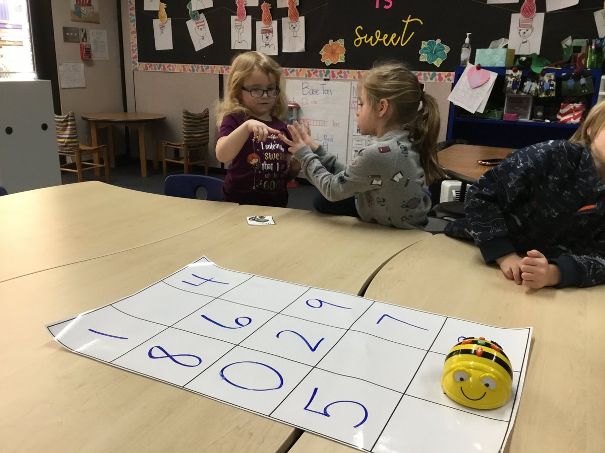 kyla_jeter's tweet photo. Check out the collaboration going on in Ms. Richards 5K class @cowpenselem! The Ss worked together to solve addition problems & code the #Beebots to the sum! #Spa3TechUp #D3Innovates https://t.co/sG1KopgV5d