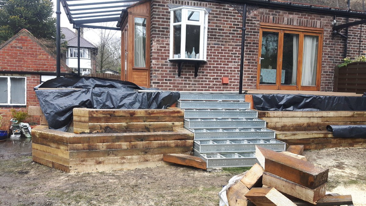 PclarkDecking's tweet photo. #manchester #didsbury #verandas up . Steel subfrane up . Sleepers in. All ready for the #decking next week. Couple of big week. https://t.co/E5qBB2K772