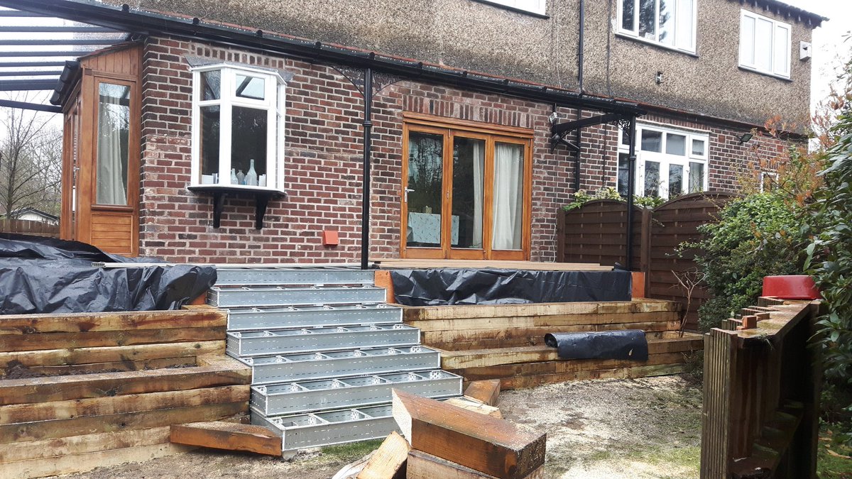 PclarkDecking's tweet photo. #manchester #didsbury #verandas up . Steel subfrane up . Sleepers in. All ready for the #decking next week. Couple of big week. https://t.co/E5qBB2K772