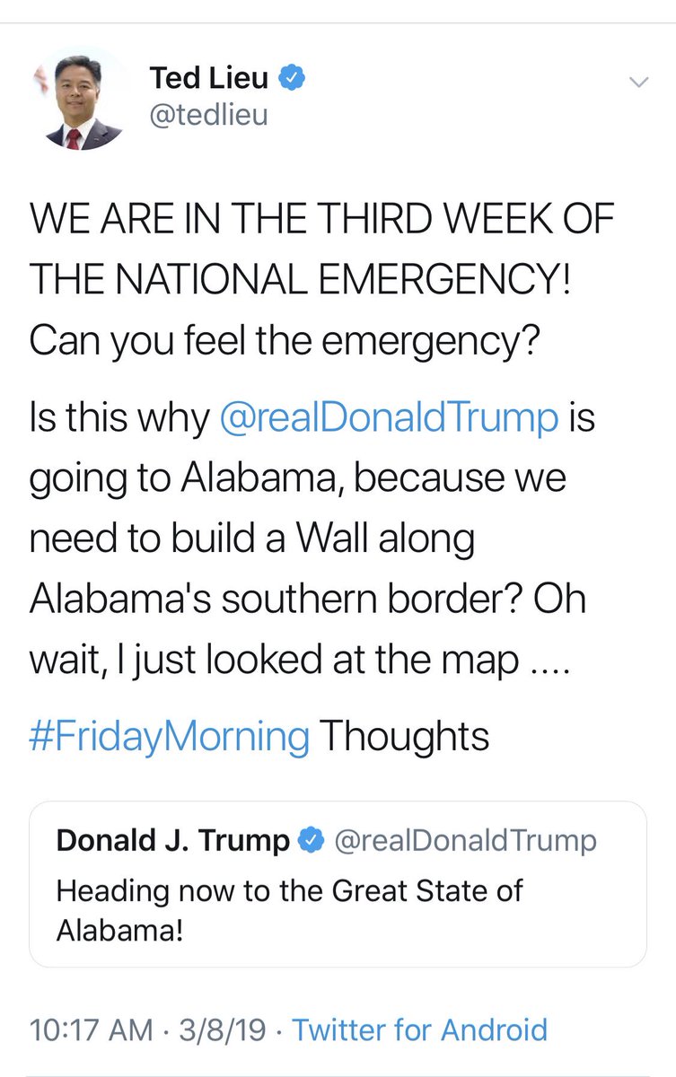 Ghoul socialist Ted Lieu deletes tweet mocking Trump trip to Alabama after tornado killed 23