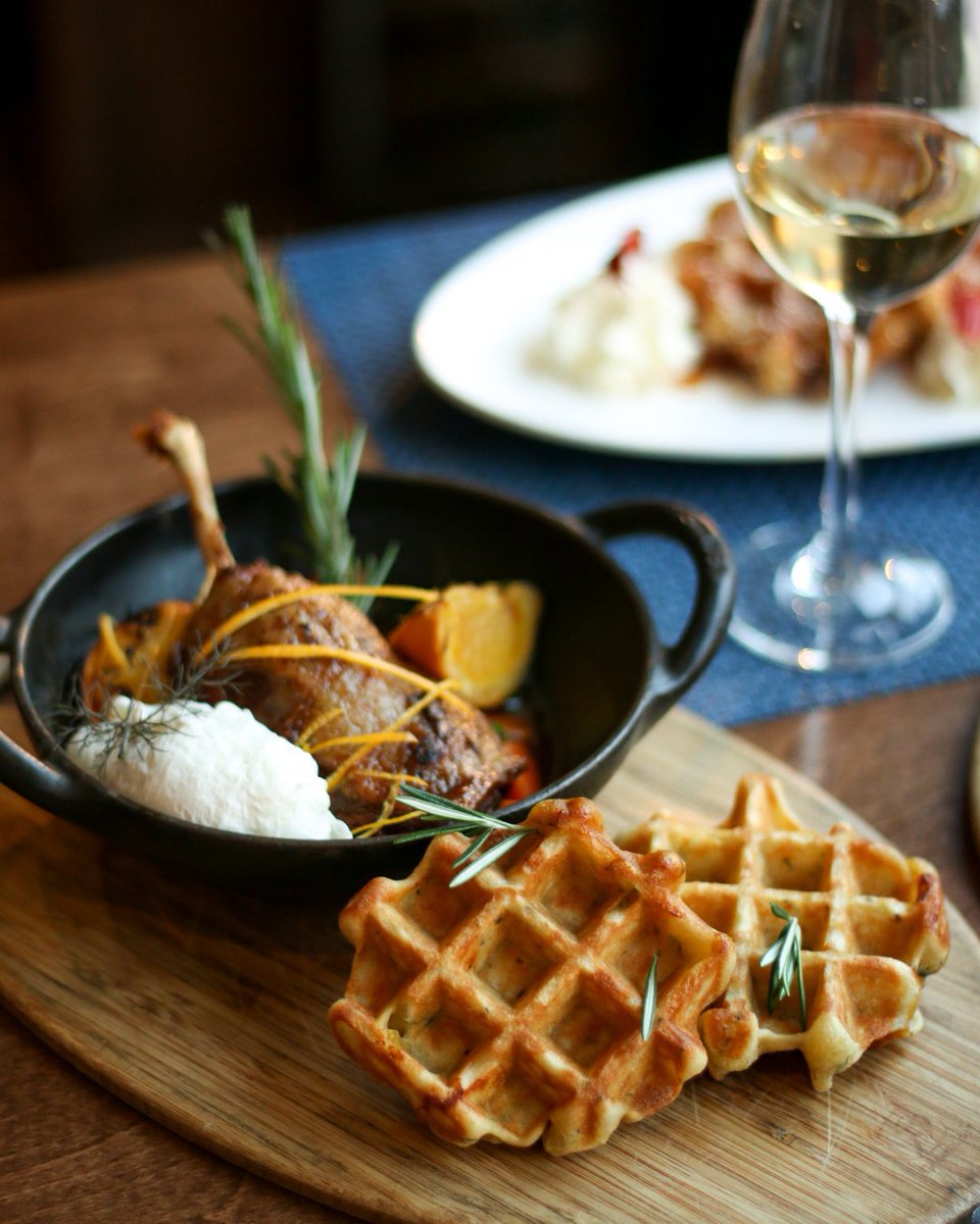 Savory waffles, like a rosemary hen waffle, paired with a crisp glass of white wine. It's always an exceptional experience dining with the Belgians. #dcfood #bestfooddc #michelinguiude #michelin #michelindc