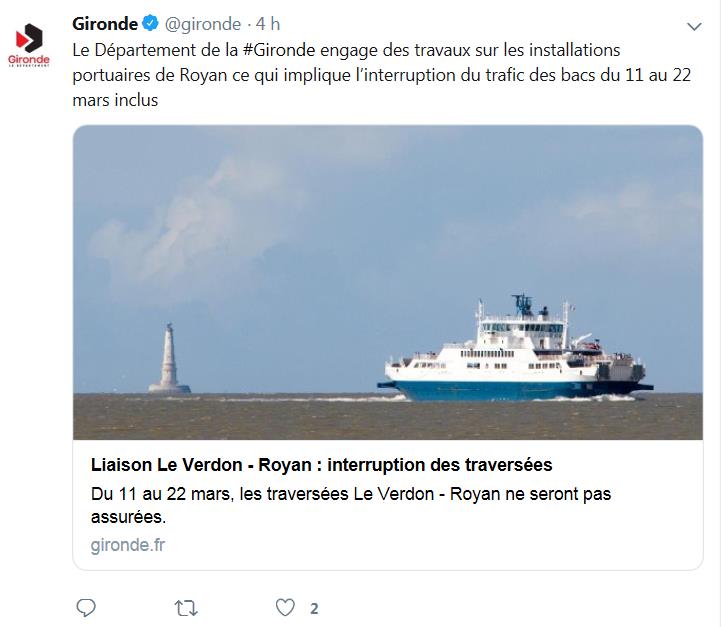 A10Trafic's tweet photo. 16h45: Le département de la #Gironde engage des travaux sur les installations portuaires de Royan se qui implique l'interruption du trafic des bacs du 11 au 22 mars inclus. https://t.co/AKwab5TAOQ