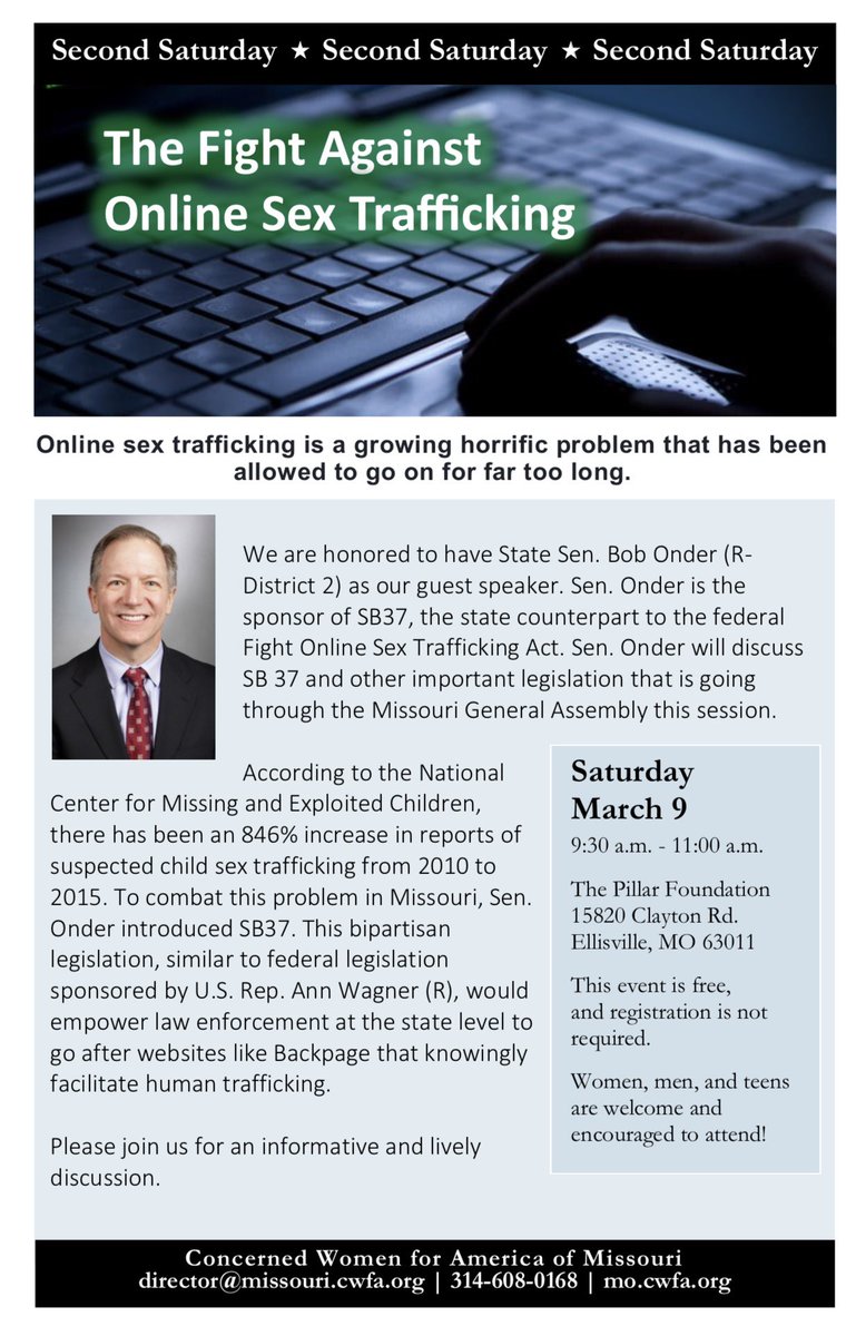 BobOnderMO's tweet photo. Join me Saturday morning at the Pillar foundation in Ellisville to discuss the latest developments in the Missouri Senate on #FOSTA #moleg #EndHumanTrafficking @RepAnnWagner #SB37 https://t.co/iDVPQuMv3X