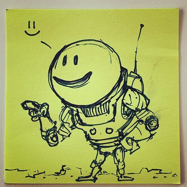 SteveTalkowski's tweet photo. #marchofrobots2019 Another quick #postit #postitnotes #postitnotesketch for Willa’s lunchbox. Happy Friday! 😃 @marchofrobots #uniballsigno #stevetalkowski #sketchbot #ink #drawing #robot https://t.co/dko43OSLlt https://t.co/B9vOWxwPAm
