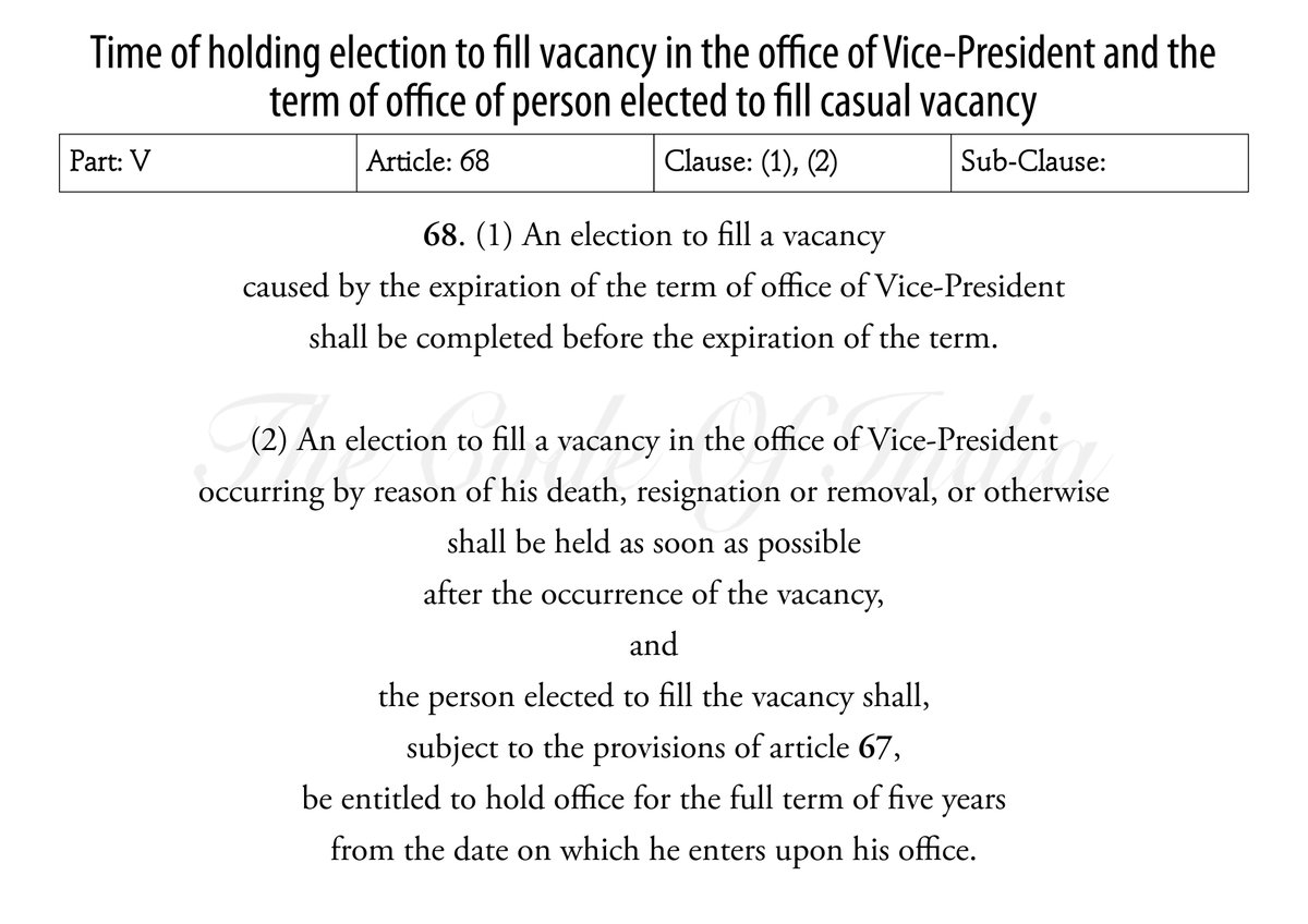 TheCodeOfIndia's tweet photo. Time of holding election to fill vacancy in the office of Vice-President and the term of office of person elected to fill casual vacancy #Article68 #VicePresidentialElection #VicePresident #Chapter1 #TheExecutive #Part5 #TheUnion #India #TheConstitutionOfIndia #TheCodeOfIndia https://t.co/QCXEptaxzV