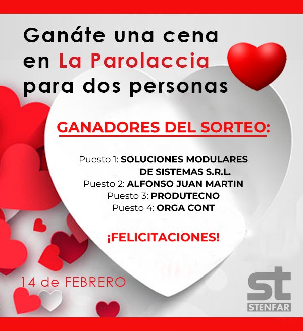¡Tenemos a los ganadores del Sorteo por el Día de los Enamorados! 🥰
✔️ Ganaron una Cena para dos personas en "La Parolaccia":
🎁 Puesto 1: SOLUCIONES MODULARES DE SISTEMAS S.R.L.
🎁 Puesto 2: ALFONSO JUAN MARTIN
🎁 Puesto 3: PRODUTECNO
🎁 Puesto 4: ORGA CONT
¡¡ FELICITACIONES !!