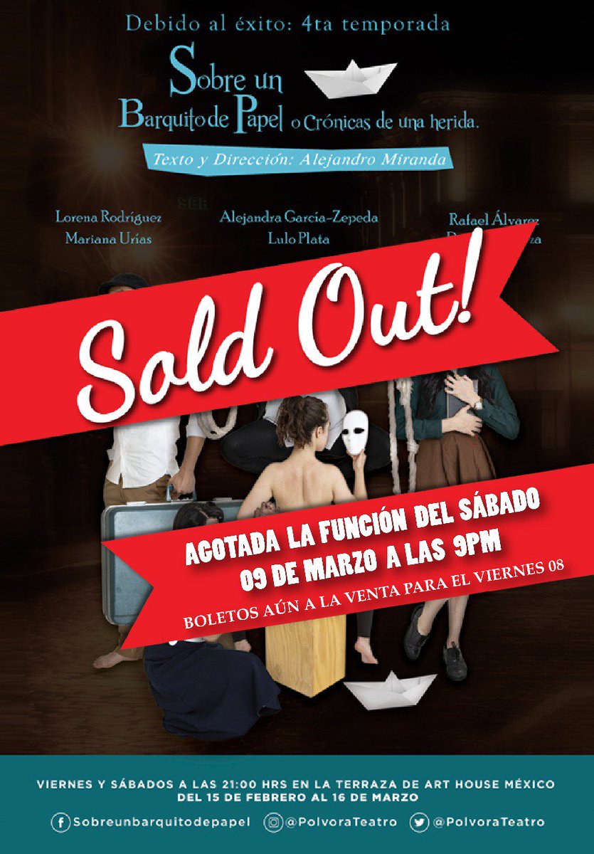 ¡Así es!
Ya están
AGOTADAS 
las entradas para la función del sábado 9 de marzo a las 9.OOpm
¡¡¡Gracias por emprender este viaje con nosotros!!! Aún HAY BOLETOS DISPONIBLES  para la función del VIERNES 8 :D ¡¡Aparta tus boletos ahora mismo!!
Solo envía INBOX a <a href="/polvorateatro/">PólvoraTeatro</a>